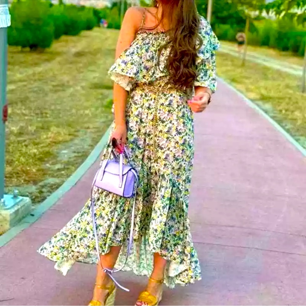 🆕#242~ MANGO Asymmetric Ruffled maxi long floral print dress viscose, Size Med